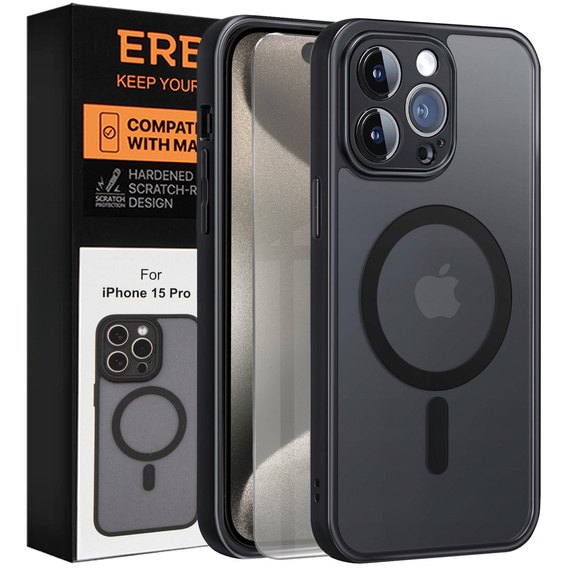 Etui do iPhone 15 Pro, do MagSafe, ERBORD Matt Case, czarny + Szkło na ekran