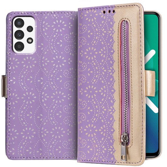 Etui z klapką do Samsung Galaxy A52 / A52s, Wallet Pocket Zipper Lace, fioletowe