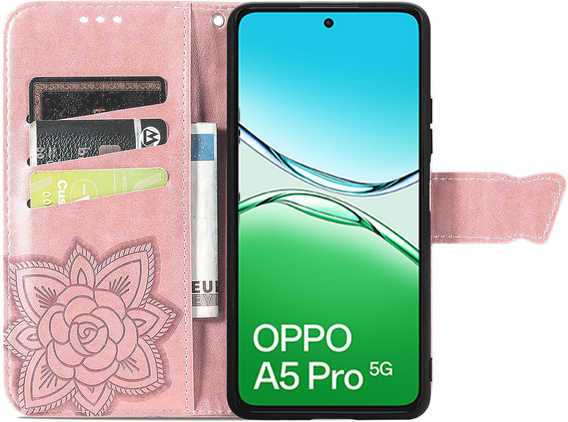 Etui z klapką do Oppo A5 Pro 5G, Butterfly, różowe rose gold