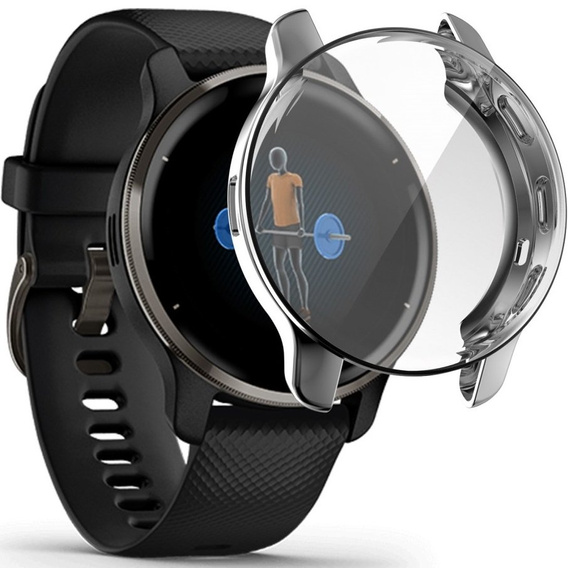 2w1 Etui z Osłoną Silikonową na ekran do Garmin Venu 2 Plus, Srebrne