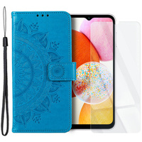 Zestaw Etui do Samsung Galaxy A14 4G/5G, portfel ze wzorem Mandala z klapką, niebieskie + szkło