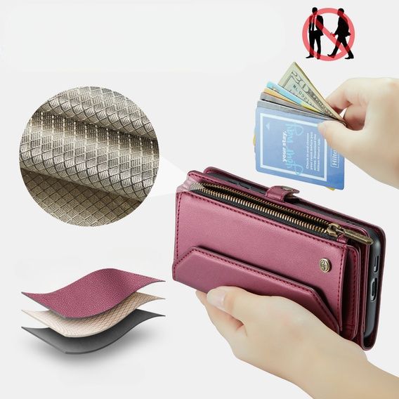 Etui CASEME do Samsung Galaxy S24 FE, RFID Leather Wallet, z paskiem na ramię, czerwone