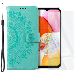 Zestaw  Etui do Samsung Galaxy A14 4G/5G, portfel ze wzorem Mandala z klapką, zielone + szkło