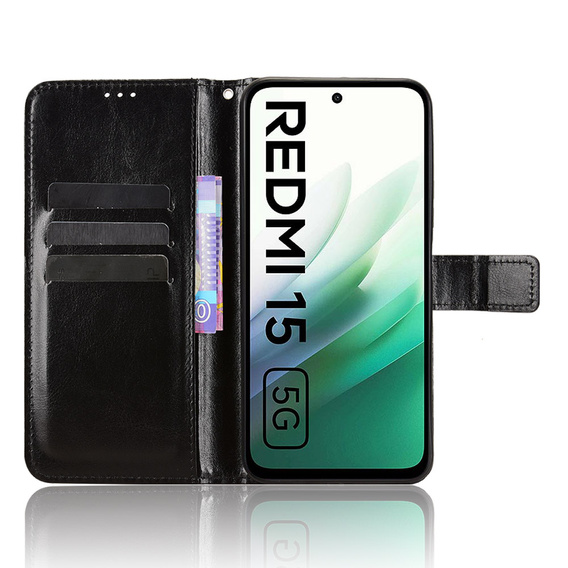 Etui z klapką do Xiaomi Redmi 15 5G / 4G, z teksturą Crazy Horse, czarne