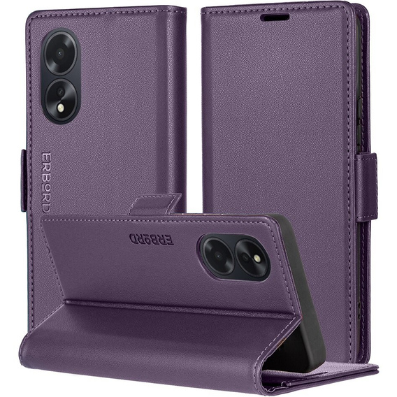 Etui do Oppo A18 4G / A38 4G, ERBORD Glossy Litchi, portfel z klapką, fioletowe