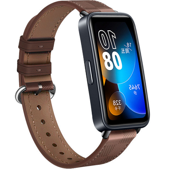 Pasek Skórzany do Huawei Band 10 / 9 / 8, z teksturą w kratkę, Brązowy