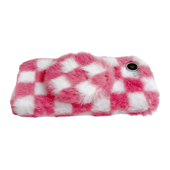 Etui do iPhone 16e, Fluffy Checkered Case, z lusterkiem, różowe