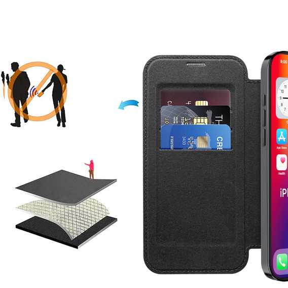 Etui z klapką do iPhone 16 Pro, RFID Wallet MagSafe z ochroną aparatu, czarne