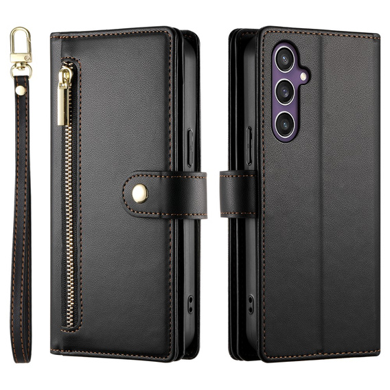 Etui z klapką do Samsung Galaxy S25, Wallet Zipper Pocket, czarne