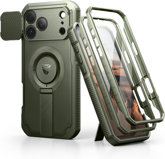 Etui Dexnor do iPhone 17 Pro Max z osłoną kamery i podstawką, do MagSafe - zielone (Dwie ramki)