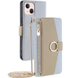 Etui z klapką do iPhone 13, Wallet Zipper Pocket, z lusterkiem, niebieskie