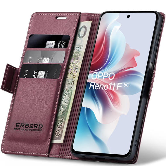 Etui do Oppo Reno 11F, ERBORD Glossy Litchi, portfel z klapką, czerwone