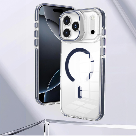 Etui do iPhone 17 Pro Max, do MagSafe, z podstawką, przezroczyste z granatowymi akcentami