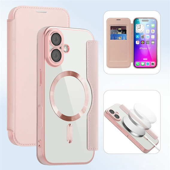 Etui z klapką do iPhone 17, RFID Wallet MagSafe z ochroną aparatu, różowe