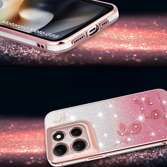 Etui do Motorola Moto G56 5G, Glitter Flower, różowe rose gold