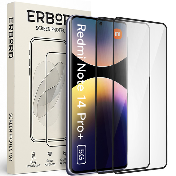 2x Szkło Hartowane do Xiaomi Redmi Note 14 Pro+ 5G, ERBORD 3D pełne, szybka na cały ekran