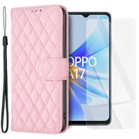 Zestaw Etui z klapką do Oppo A17, skórzane portfel, Binfen, Różowe + szkło