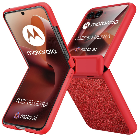 Etui do Motorola Razr 60 Ultra – Glitter PC Case ze szkłem i podstawką - czerwone