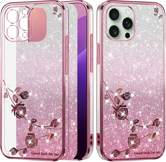 Etui do iPhone 16 Pro, Glitter Flower, różowe rose gold