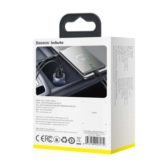 Baseus ładowarka samochodowa Particular 65 W USB‑C + USB‑A - Szara