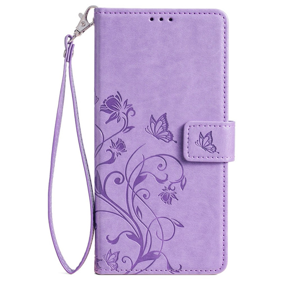 Etui z klapką do Motorola Moto E14, Butterflies, fioletowe