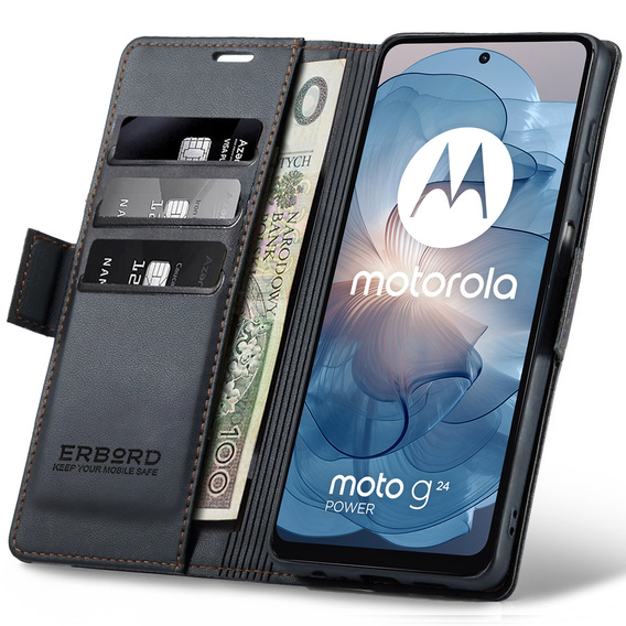 Etui do Motorola Moto G24 / G24 Power / G04, ERBORD Glossy Litchi, portfel z klapką, czarne