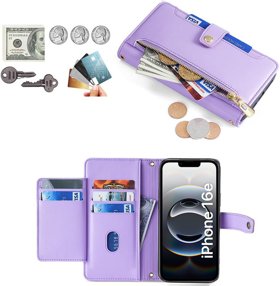 Etui z klapką do iPhone 16E, Wallet Zipper Pocket, fioletowe