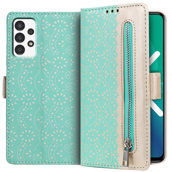 Etui z klapką do Samsung Galaxy A53 5G, Wallet Pocket Zipper Lace, zielone