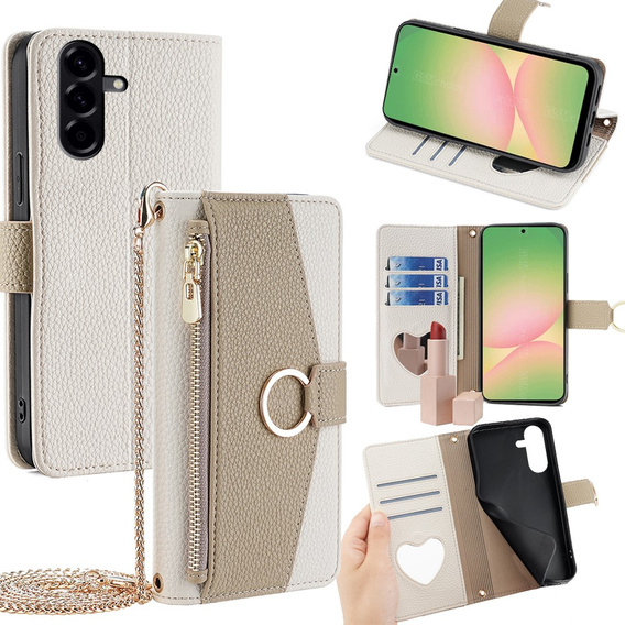 Etui z klapką do Samsung Galaxy A56 5G, Wallet Zipper Pocket, z lusterkiem, białe