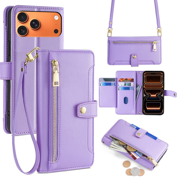 Etui z klapką do iPhone 17 Pro Max, Wallet Zipper Pocket, fioletowe