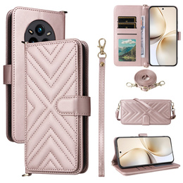 Etui z klapką do Realme 14 Pro+ 5G, Crossbody Leather Wallet, różowe rose gold