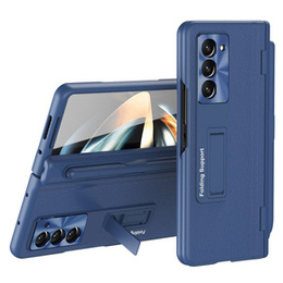 Etui skórzane do Samsung Galaxy Z Fold5 5G, Kickstand case, z podstawką i szkłem, niebieskie