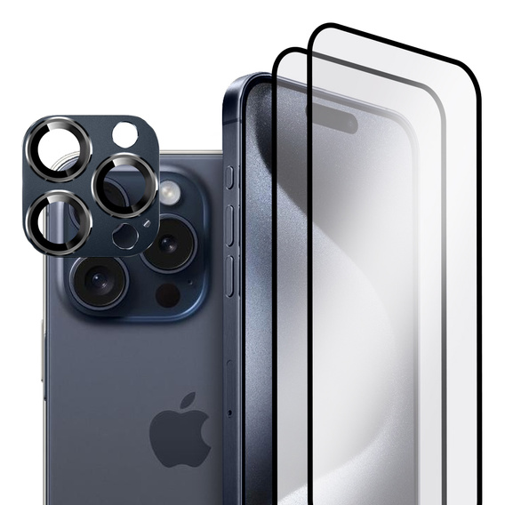 2x Szkło + szybka na aparat granatowa do iPhone 15 Pro, ERBORD Hartowane 3D