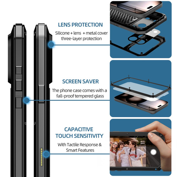 Etui do iPhone 17 Pro Max, pancerne, z wbudowanym szkłem, czarne