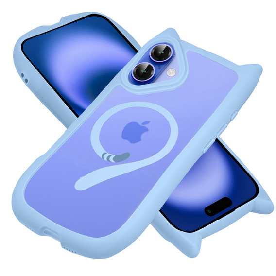Etui do iPhone 16, do MagSafe, Cute Cat, niebieskie + Szkło na ekran