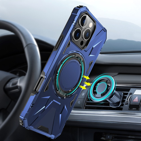 Etui do iPhone 16 Pro, pancerne z podstawką i blaszką do uchwytu, niebieskie