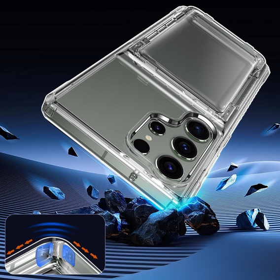 Przezroczyste etui do Samsung Galaxy S25 Ultra – PC + TPU, z kieszonką na kartę i funkcją podstawki