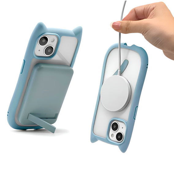 Etui do iPhone 15, do MagSafe, Cute Cat, niebieskie + Szkło na ekran