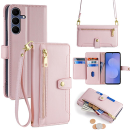 Etui z klapką do Samsung Galaxy S25 FE, Wallet Zipper Pocket, różowe