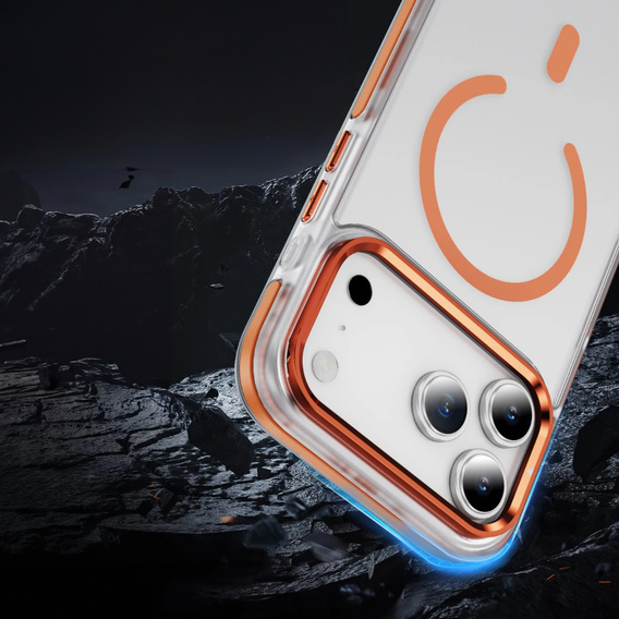 Etui pancerne do iPhone 17 Pro, do MagSafe, przezroczyste z pomarańczową ramką