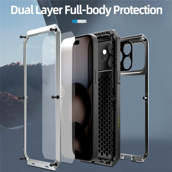 Etui do iPhone 17 Pro Max, pancerne, z wbudowanym szkłem, srebrne