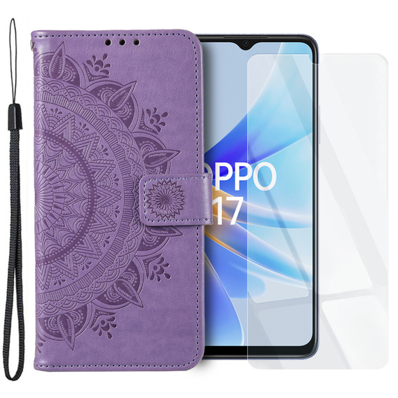 Zestaw Etui do Oppo A17, portfel ze wzorem Mandala z klapką, fioletowe + Szkło 9H