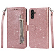 Etui z klapką do Samsung Galaxy A35 5G, Wallet Zipper Pocket Glittery, różowe rose gold