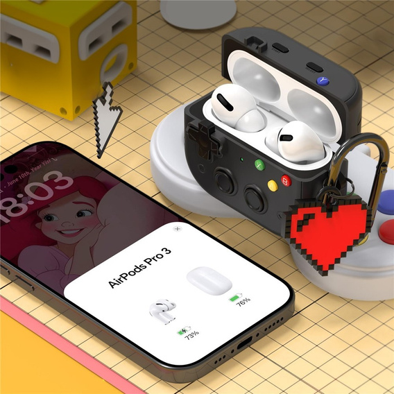 Etui na Apple Airpods Pro 3, Konsola Retro, z zawieszką serce - czarne