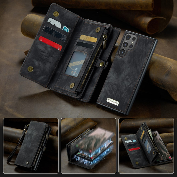Etui CASEME do Samsung Galaxy S25 Ultra, Retro Leather Wallet, z paskiem, czarne