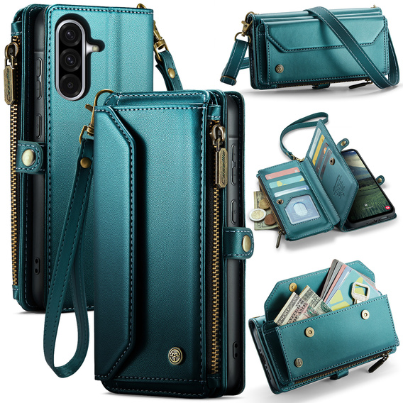 Etui z klapką do Samsung Galaxy A17 5G, portfelowe z zamkiem i paskami - zielone