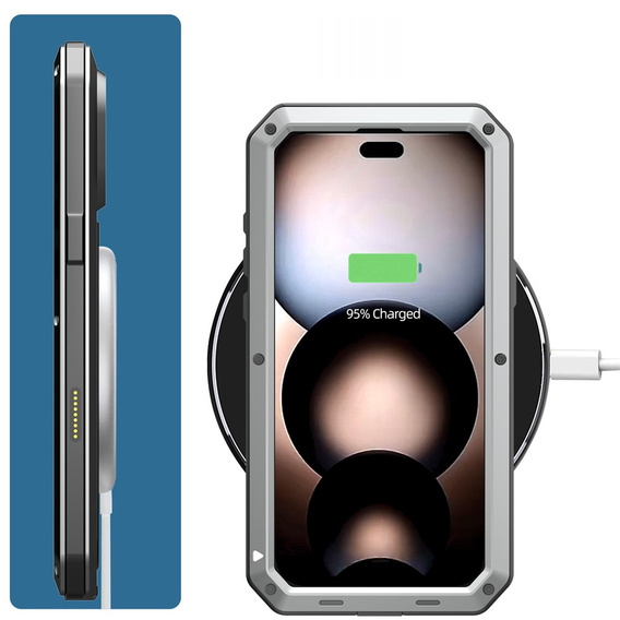 Etui do iPhone 17 Pro Max, pancerne, z wbudowanym szkłem, srebrne