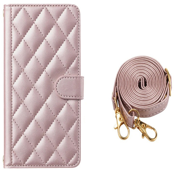 Etui z klapką do Samsung Galaxy A16 / A16 5G, Rhombus Crossbody Leather, różowe rose gold