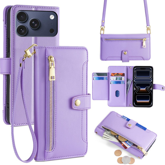 Etui z klapką do iPhone 17 Pro, Wallet Zipper Pocket, fioletowe