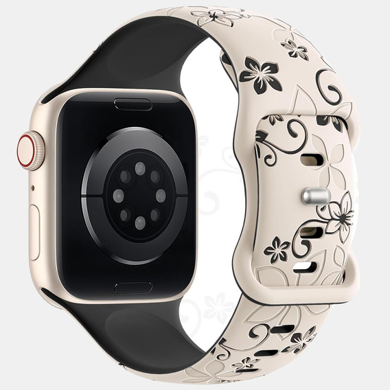 Pasek Silikonowy do Apple Watch 1/2/3/4/5/6/7/8/9/10/11/SE 38/40/41/42mm, Floral, Beżowy / Czarny